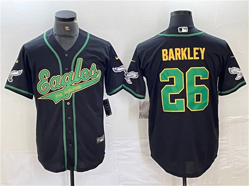 Men's Black/Gold Philadelphia Eagles #26 Saquon Barkley Cool Base Stitched Baseball Jersey